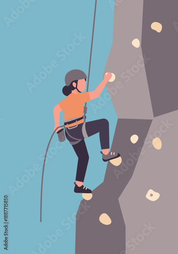 Focused Female Climber Ascending Vertical Indoor Training Wall