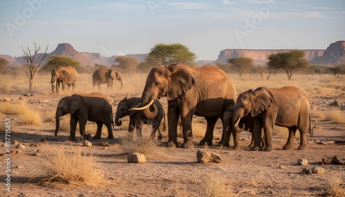A herd of Desert elephants (Loxodonta africana) search for food in Namibia
