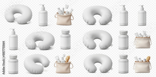 Set of travel pillows, cosmetic bottles, and toiletry bags for comfortable journeys.
