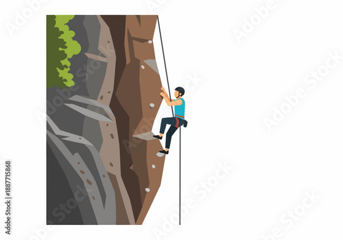 Athletic Man Climbing Steep Rock Face with Lush Greenery