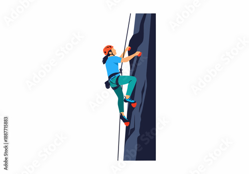 Female Rock Climber Ascending Steep Cliff with Safety Gear