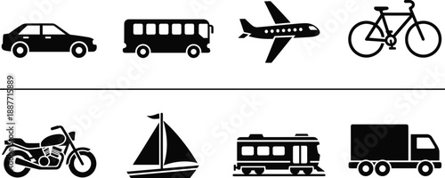 Transportation icon set with car, bus, airplane, bicycle, motorcycle, boat, train, and truck, black vector illustration for travel design