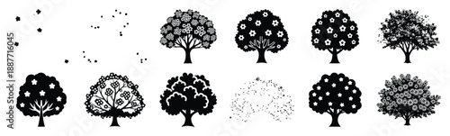 Easter blossoming tree Silhouette vector icon set. Easter vector icons on white background and Vector illustration.
