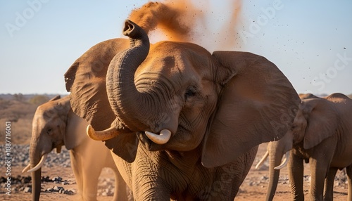 Close up of Desert elephants (Loxodonta africana) use their trunk take a bath with sand in Namibia

