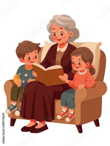 Reading to her grandchildren, grandma is having a happy time