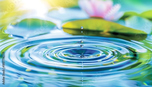 A calm pond with ripples spreading outward, each ripple containing symbols of business success, illustrating how growth in one area can positively impact the broader business community