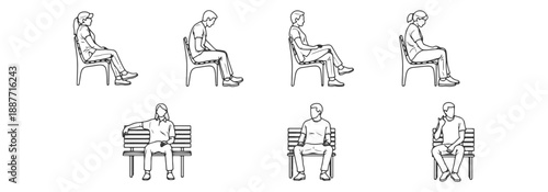 People Sitting On Bench Public Space Seating Side And Front View Illustration