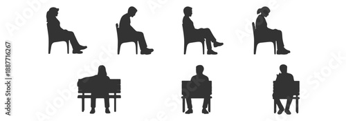 People Sitting On Bench Public Space Seating Side And Front View Illustration