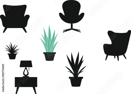 Collection of Black Furniture Silhouettes and Potted Houseplants, Modern Home Interior Icons Including Comfortable Armchairs and Table Lamp Vector Illustration