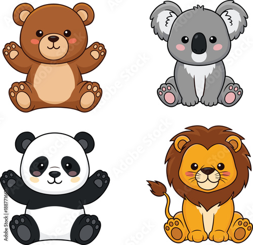 Cartoon sitting animals, bear, koala, panda, lion, cute wildlife characters, rosy cheeks, vector illustration, children’s animal icons