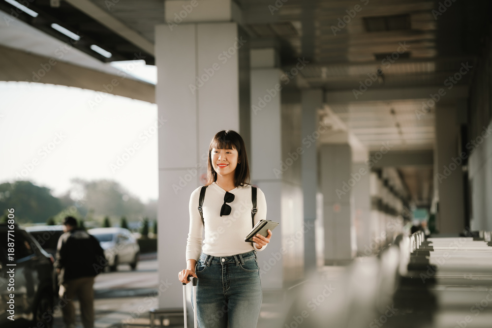 Fototapeta premium A young Asian woman with a backpack and rolling suitcase smiles while checking her smartphone at a modern transit station, capturing the concept of travel, mobility, and urban lifestyle.