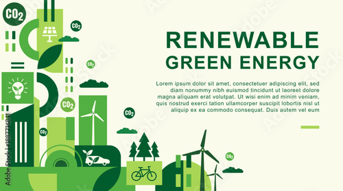 Renewable Green Energy Web Banner Illustration with Sustainable Clean Industry and Ecology Concept
