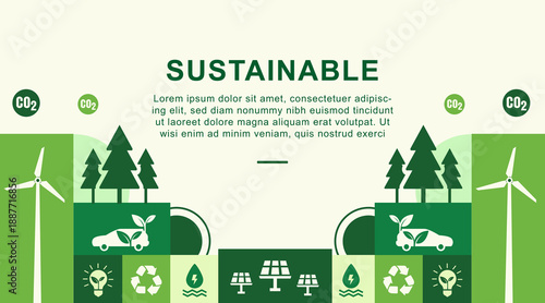 Sustainable Green City Illustration in Minimal Flat Geometric Style with Eco Energy Concept