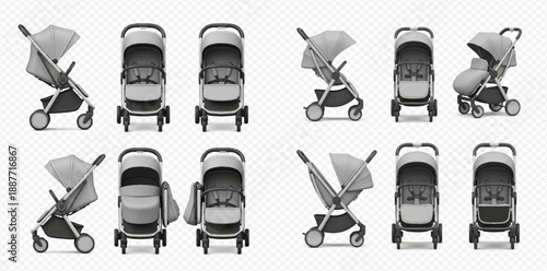 Baby stroller realistic set with different views of modern prams for infants and toddlers.