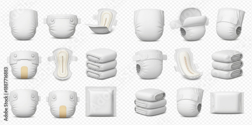 Set of realistic baby diapers, sanitary pads, and wet wipes on transparent background.