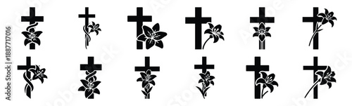 Easter cross and lily Silhouette vector icon set. Easter vector icons on white background and Vector illustration.