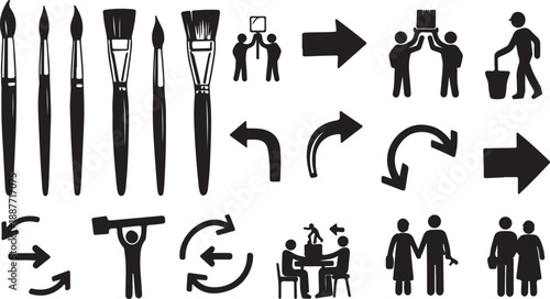 Labors day icon Hand drawn vector illustration of a business concept featuring a set of brushes and arrows with black stick figure icons and person silhouette design symbols