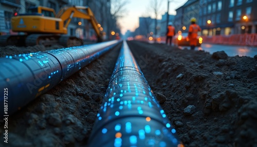 New pipes with glowing blue lights are laid underground. Excavator and workers are visible in the background. This urban infrastructure project uses modern tech for utility expansion and development.