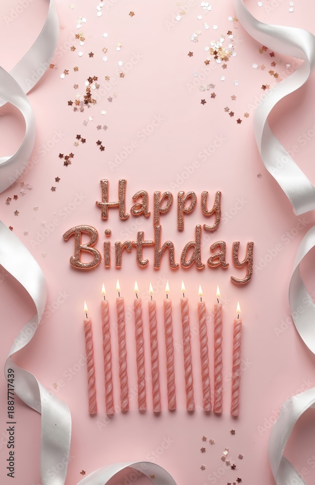 Fototapeta premium Pink pastel background with Happy Birthday text and lit candles. White ribbons and star confetti add festive flair. Ideal for greeting cards invitation flyers and party decorations.
