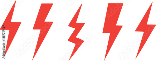 Red Lightning Bolt Icon Set, Electric Power and Energy Symbol Collection