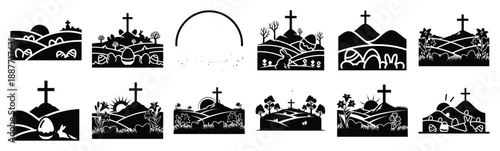 Easter easter landscape Silhouette vector icon set. Easter vector icons on white background and Vector illustration.