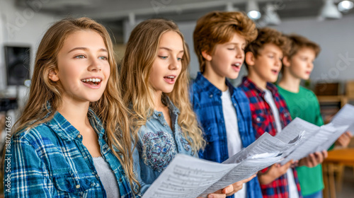 Joyful voices unite in harmony during a vibrant choir practice in a bright, spacious room filled with enthusiasm and creativity among young singers