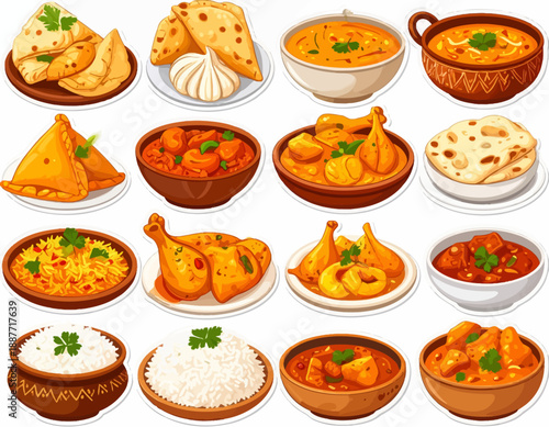 A variety of Indian dishes including curries, naan, and samosas displayed on a clean white background from a top-down viewpoint