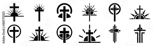 Easter easter sunrise cross Silhouette vector icon set. Easter vector icons on white background and Vector illustration.