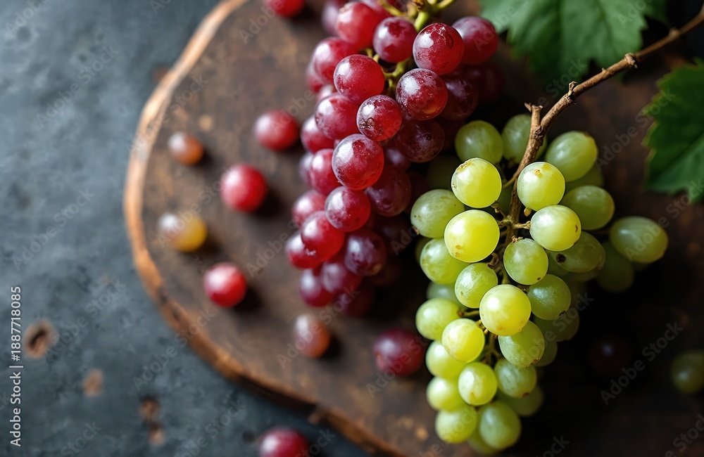 Fototapeta premium Red and green grapes rest on a rustic wooden board ready for eating or wine making. These juicy fruits offer a healthy snack option for any time of day.