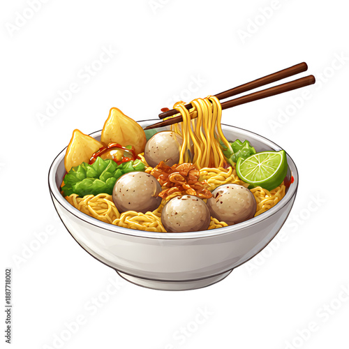 Appetizing vector artwork of a steaming bowl of delicious noodle soup, brimming with savory meatballs, fresh greens, and zesty lime, expertly garnished for a flavorful culinary experience