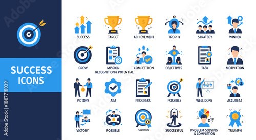 Success Icons Set – Achievement, Goals, Strategy, Motivation & Business Growth Symbols