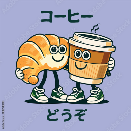 Retro Cartoon Coffee and Croissant Mascot Illustration in Japanese Style