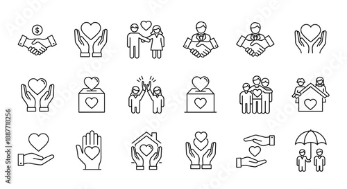 Charity and Care Icons Set – Line Style Support, Donation, Family & Community Symbols