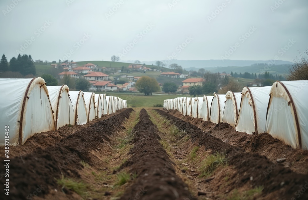 Fototapeta premium Rows of white hoop houses in field. Cultivation tunnels protect crops from weather. Farmland with small village in background. Agriculture season setup.
