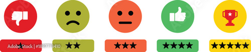 User rating and feedback illustration pack featuring happy, neutral, and unhappy emotion icons with star scores and reaction symbols, perfect for service reviews, UX interfaces, analytics panels, and 