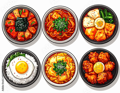 Assorted Korean dishes displayed in six bowls on a white background from a top-down viewpoint