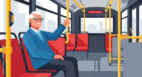 Elderly man sitting comfortably on a city bus, illustrated in modern flat vector style, representing senior mobility, public transportation use, and positive urban lifestyle
