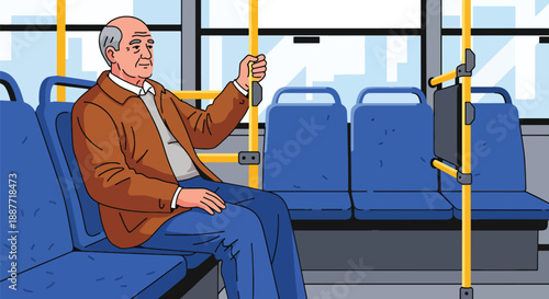 Elderly man sitting comfortably on a city bus, illustrated in modern flat vector style, representing senior mobility, public transportation use, and positive urban lifestyle