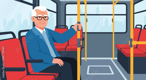 Elderly man sitting comfortably on a city bus, illustrated in modern flat vector style, representing senior mobility, public transportation use, and positive urban lifestyle