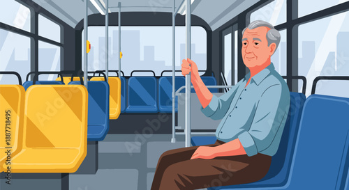 Elderly man sitting comfortably on a city bus, illustrated in modern flat vector style, representing senior mobility, public transportation use, and positive urban lifestyle