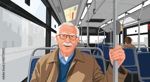 Elderly man sitting comfortably on a city bus, illustrated in modern flat vector style, representing senior mobility, public transportation use, and positive urban lifestyle