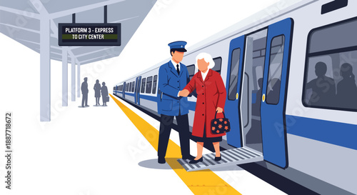 Senior woman boarding a train with assistance, shown in flat vector style, highlighting accessibility, supportive public transport, and independent aging lifestyle