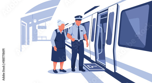 Senior woman boarding a train with assistance, shown in flat vector style, highlighting accessibility, supportive public transport, and independent aging lifestyle