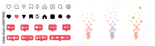 Instagram icons set. repost, like, comment, share, save and Full collection of Instagram social media icons. Outline set of Instagram in-app icons. Like icons flying up for live streams.