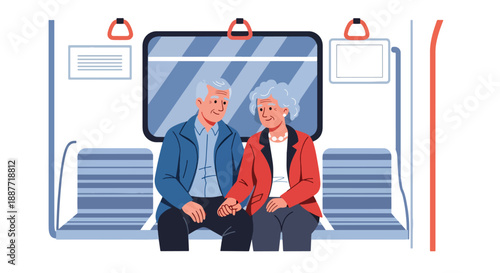 Elderly couple sitting together on a subway, illustrated in modern flat vector style, showing companionship, public transportation comfort, and senior urban living