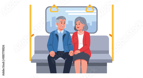 Elderly couple sitting together on a subway, illustrated in modern flat vector style, showing companionship, public transportation comfort, and senior urban living