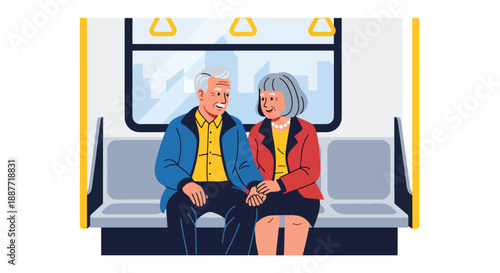 Elderly couple sitting together on a subway, illustrated in modern flat vector style, showing companionship, public transportation comfort, and senior urban living