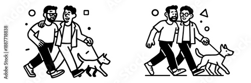 Couples walking dogs in a park during a sunny day