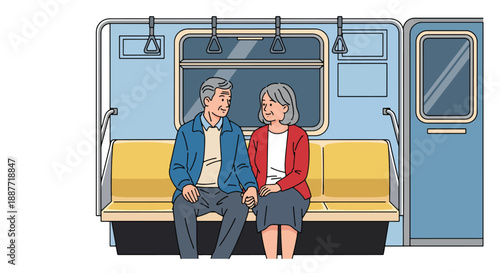 Elderly couple sitting together on a subway, illustrated in modern flat vector style, showing companionship, public transportation comfort, and senior urban living