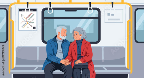 Elderly couple sitting together on a subway, illustrated in modern flat vector style, showing companionship, public transportation comfort, and senior urban living